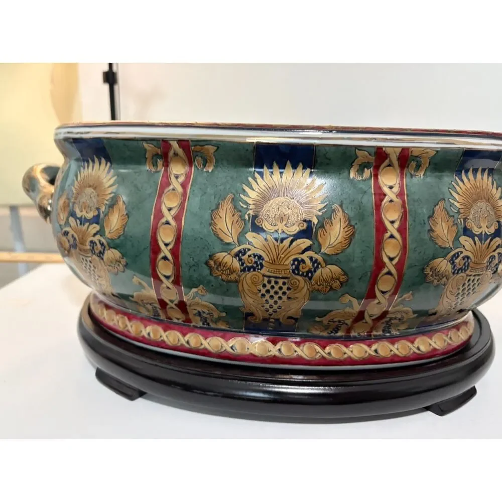 vtg. chinese hand painted and Gilt porcelain footbath with floral motifs